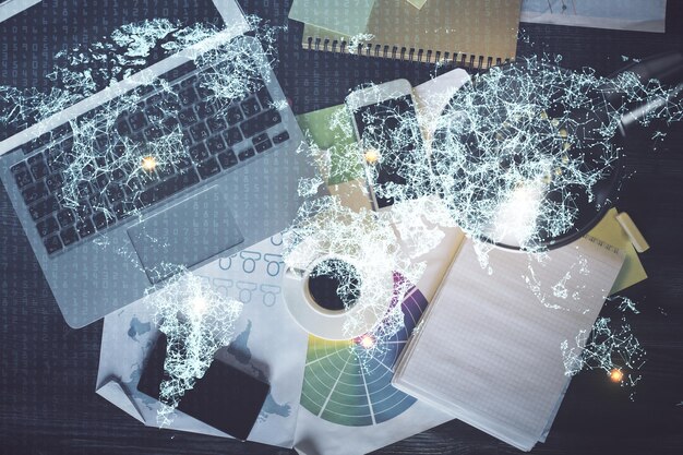 An image showing a complex web of interconnected accounts and documents on a digital screen, representing the complexity of financial forensics in high-asset divorces.
