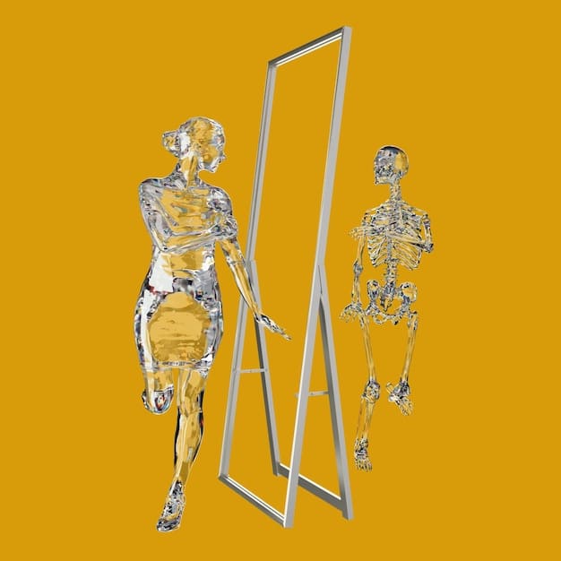 An image depicting the pressure to achieve the perfect body image, with a shattered mirror reflecting a distorted image of a woman on a scale, surrounded by magazine covers promoting extreme diets.
