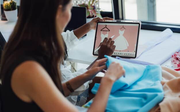 An interior designer is using a tablet to demonstrate the layout and features of a high-tech clothing storage solution for a celebrity client.
