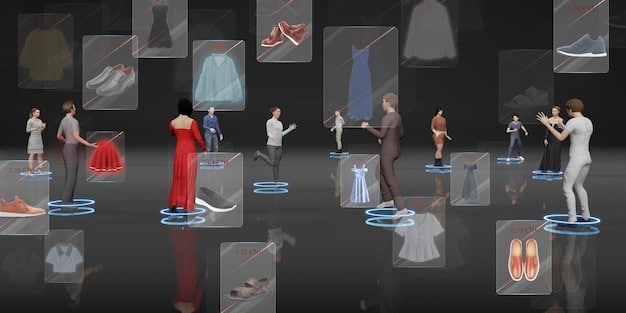 A screenshot from a virtual fashion show inside the metaverse. Avatars are showcasing digital clothing designs on a runway, with other avatars watching as the audience. The environment is sleek and modern, reflecting high-end fashion aesthetics.