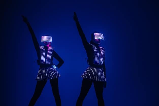 A digital rendering of a futuristic virtual music festival, showing avatars dancing in a neon-lit virtual environment with a holographic stage.