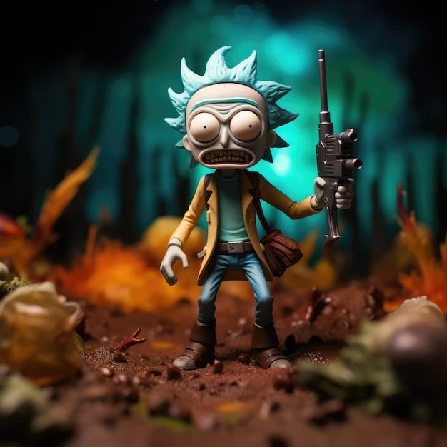 A zoomed-in, high-resolution shot of a character from Rick and Morty looking directly at the viewer with a sly, knowing expression. The background is blurred and features vibrant colors and chaotic elements, characteristic of the show's aesthetic.