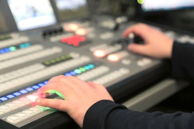 Close-up view of a music producer's hands interacting with a digital audio workstation (DAW) interface, with AI-generated musical elements displayed on the screen.
