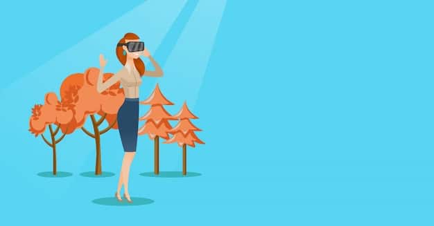 A person wearing a VR headset, fully immersed in a virtual reality environment, with their hands outstretched as if interacting with the digital world. The background depicts a vibrant and surreal metaverse landscape.