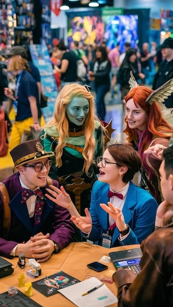A group of cosplayers posing for a photo at a fan convention, dressed as characters from a popular video game. The background is a vibrant convention hall with many other attendees.