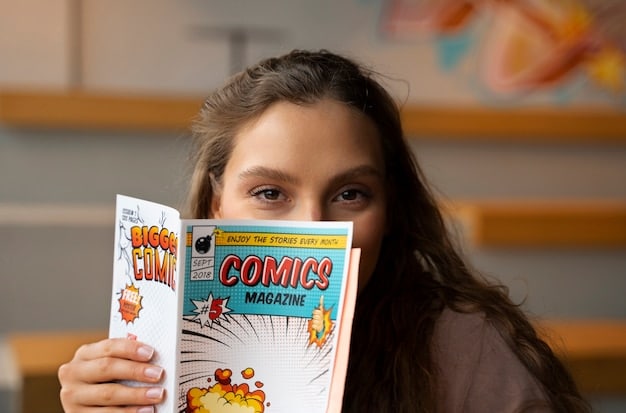 A detailed view of a comic book showing the fine details that graders look for, such as spine ticks, corner blunting, and color fading. A magnifying glass is hovering over the comic to emphasize the scrutiny involved in grading.