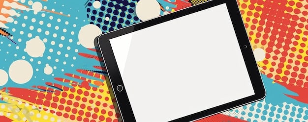 A digital comic book panel displayed on a tablet, showing a scene that shifts perspectives based on the reader's touch. Augmented reality elements are overlaid on the panel, enhancing the visual experience.