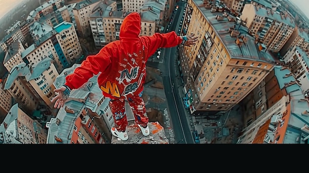 A comic book panel featuring Spider-Man swinging through the New York City skyline, with his iconic red and blue costume and web-shooters.