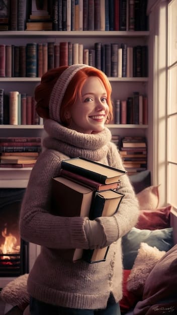 A person holding a stack of newly delivered comic books, smiling with excitement. The background is a cozy living room with bookshelves filled with comics and graphic novels.