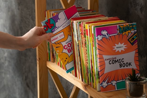 A close-up of a hand carefully organizing comic books on a shelf, with some comics facing forward to display their covers. The lighting is soft and focused on the comics.