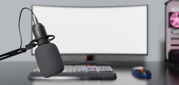 A close-up of a streamer's desk setup, showcasing a high-quality microphone, a webcam positioned on top of a monitor, and a gaming headset. Cables are neatly managed, and the lighting is soft and diffused. The background shows a blurred view of multiple monitors displaying game-related content.