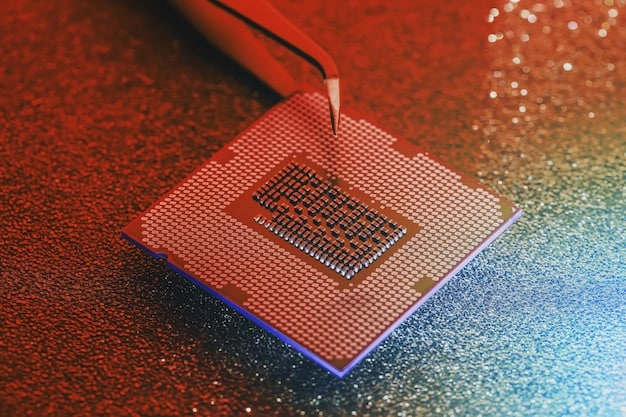 A close-up shot of an AMD Ryzen 9 CPU installed on a motherboard, highlighting the intricate details of the processor and its connection to the board. The background shows various other PC components like RAM sticks and cooling solutions.