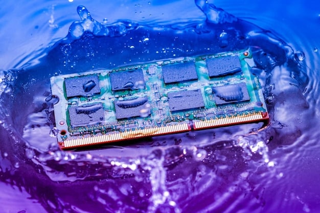A detailed shot of an NVMe SSD installed on a motherboard, showcasing its compact design and connection to the PCIe slot. The background includes other PC components like the GPU and RAM.