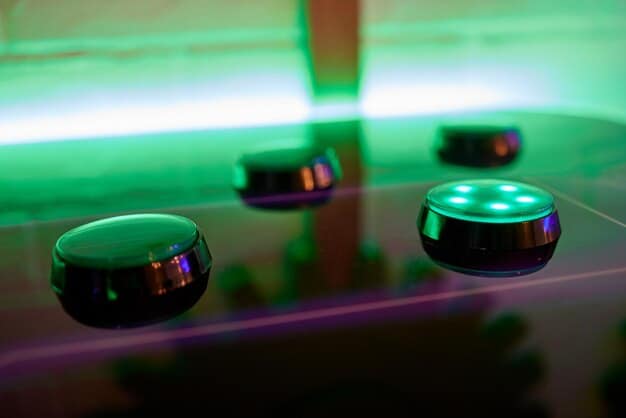 A close-up of a next-generation gaming console with intricate details and glowing accents, showcasing advanced cooling systems, multiple ports, and a sleek, modern design. The background is blurred with abstract gaming elements and particles.