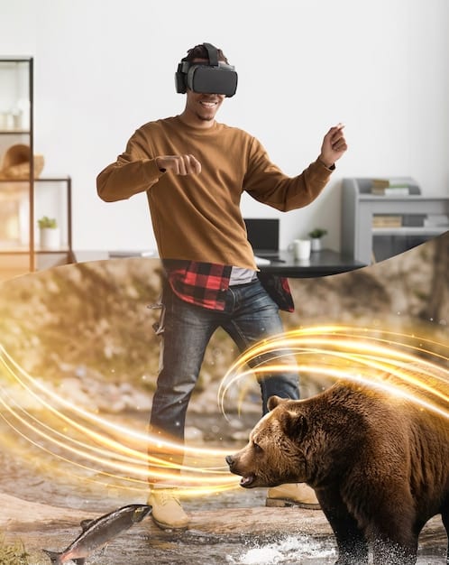 A gamer wearing a VR headset while holding advanced motion-sensing controllers, fully immersed in a virtual reality game. The background includes holographic displays showing the game environment and player statistics.