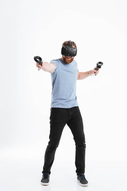 A person wearing a VR headset and holding motion controllers, fully immersed in a virtual gaming environment. The background shows a blurred depiction of a vibrant and detailed virtual world, with elements of both fantasy and futuristic design.