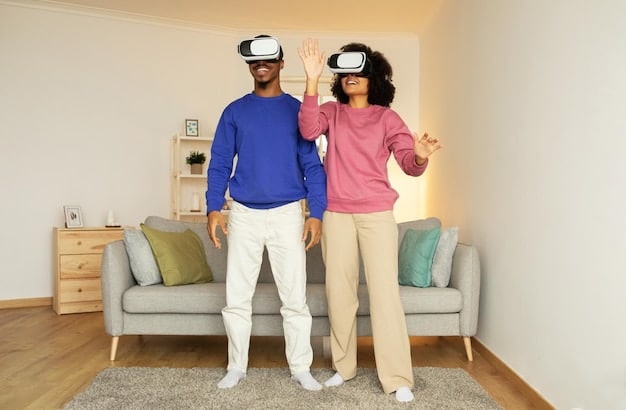 Two people in a living room, both wearing VR headsets and holding controllers, smiling and gesturing as they play a multiplayer VR game together. The scene conveys a sense of fun, social interaction, and shared excitement in a virtual environment.