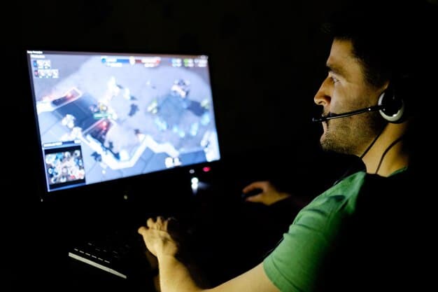 A scene from an eSports tournament showing players using AI-powered training tools, with data visualizations overlayed onto their screens to provide real-time feedback.