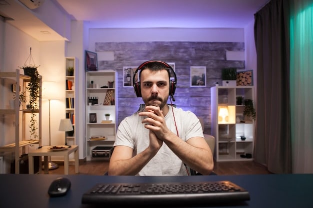 A streamer, focused and smiling, is live streaming a popular video game. The streaming setup includes multiple monitors, a professional microphone, and soft lighting. The game is prominently displayed on the primary monitor.