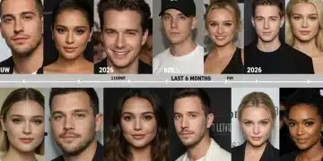 A collage depicting celebrity couples and relationship dynamics, symbolizing recent Hollywood breakups in 2026.