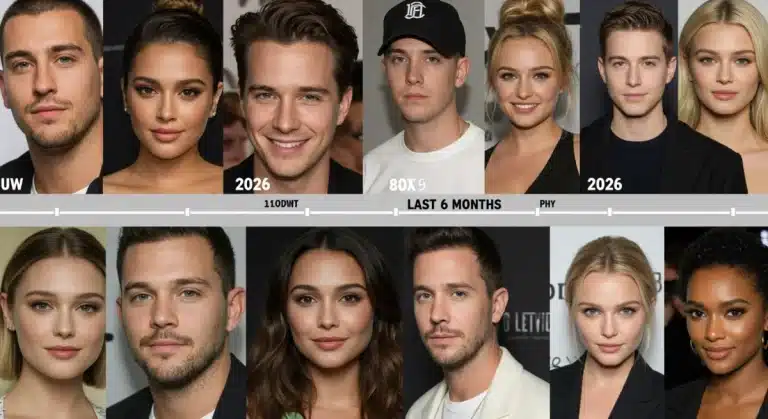 A collage depicting celebrity couples and relationship dynamics, symbolizing recent Hollywood breakups in 2026.