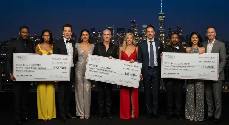 A-list celebrities celebrating $50 million philanthropic impact at a 2026 charity gala.