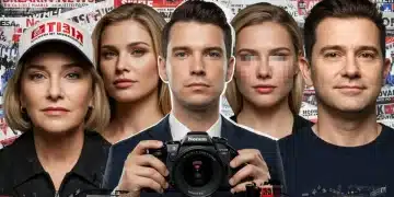 Five celebrity faces blurred amidst news headlines and camera flashes, depicting early 2026 scandals and public scrutiny.