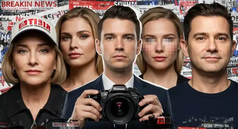 Five celebrity faces blurred amidst news headlines and camera flashes, depicting early 2026 scandals and public scrutiny.