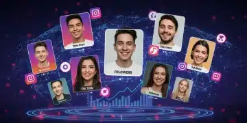 Diverse celebrities smiling with social media icons and upward graphs on a digital screen, symbolizing engagement.