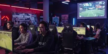 College students competing in a high-stakes esports tournament on campus, surrounded by gaming gear and an enthusiastic crowd.