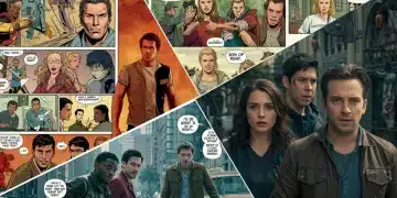 Dynamic collage showing the evolution from comic panels to live-action adaptations, highlighting diverse characters and innovative storytelling.