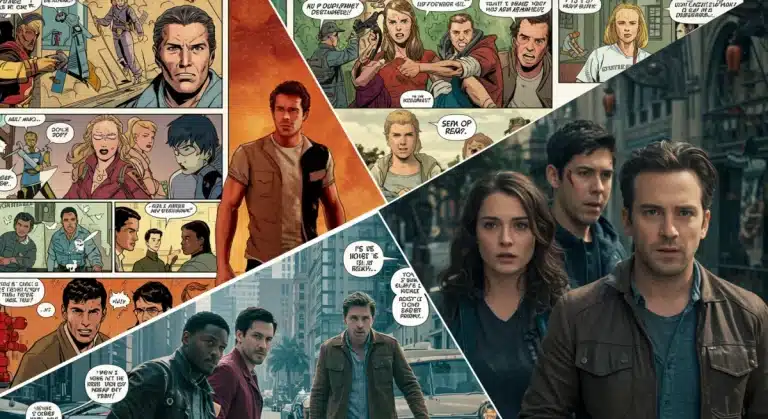 Dynamic collage showing the evolution from comic panels to live-action adaptations, highlighting diverse characters and innovative storytelling.