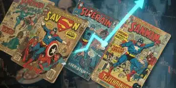 Financial charts overlaying classic and modern comic book covers, representing the intersection of comic book speculation and investment trends.