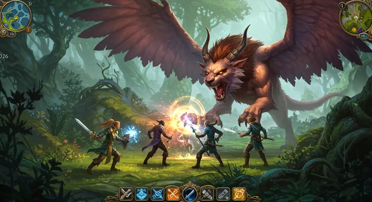 Fantasy RPG combat scene with heroes fighting a mythical beast in a magical forest.