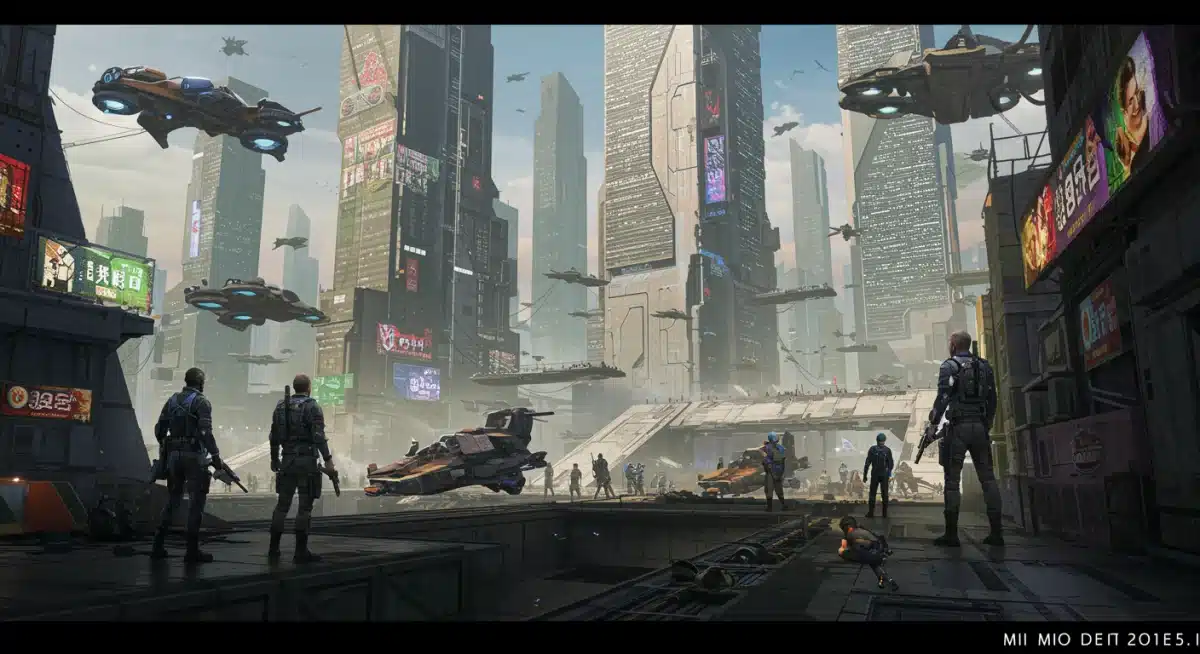 Futuristic open-world city concept art from an upcoming 2026 video game.