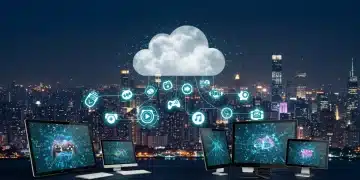 Futuristic cloud gaming ecosystem connecting devices seamlessly