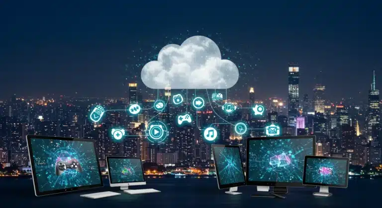 Futuristic cloud gaming ecosystem connecting devices seamlessly