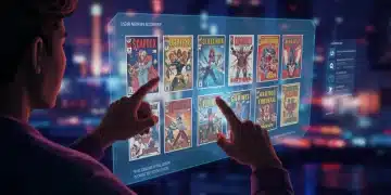 Futuristic reader optimizing digital comic collection on a holographic screen
