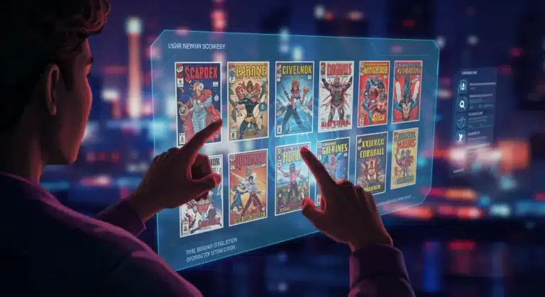 Futuristic reader optimizing digital comic collection on a holographic screen