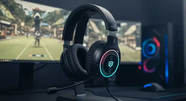 Futuristic gaming headset on a stand next to a gaming PC, emphasizing advanced audio technology for competitive play.