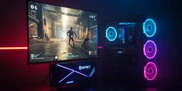 Futuristic gaming PC setup with advanced components and vibrant RGB lighting