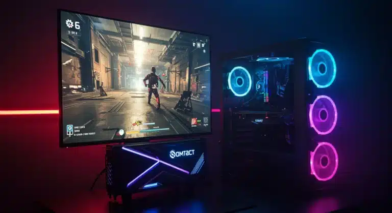 Futuristic gaming PC setup with advanced components and vibrant RGB lighting