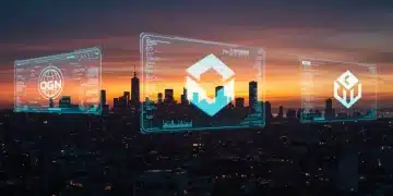 Futuristic city with holographic game interfaces and glowing logos of US gaming studios.