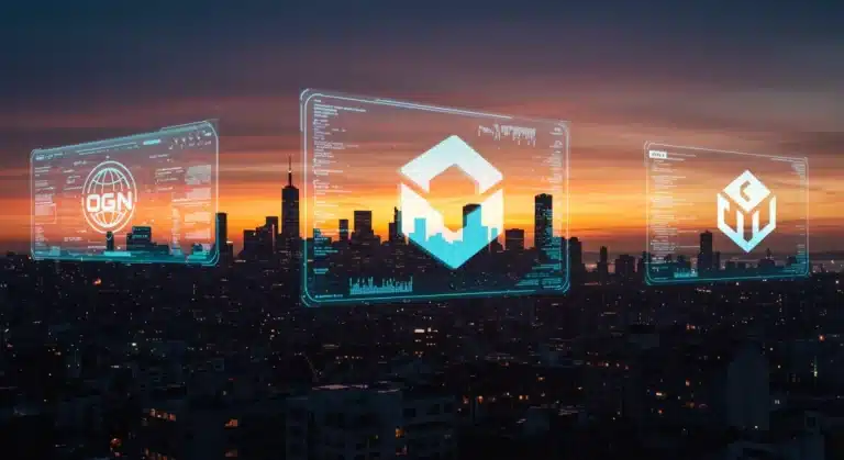 Futuristic city with holographic game interfaces and glowing logos of US gaming studios.