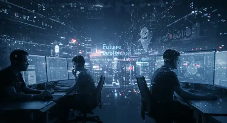 Futuristic game development studio in the US, depicting innovation and emerging technologies.