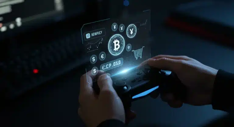 Gamer holding controller, navigating virtual currency and purchase options, representing new regulations.