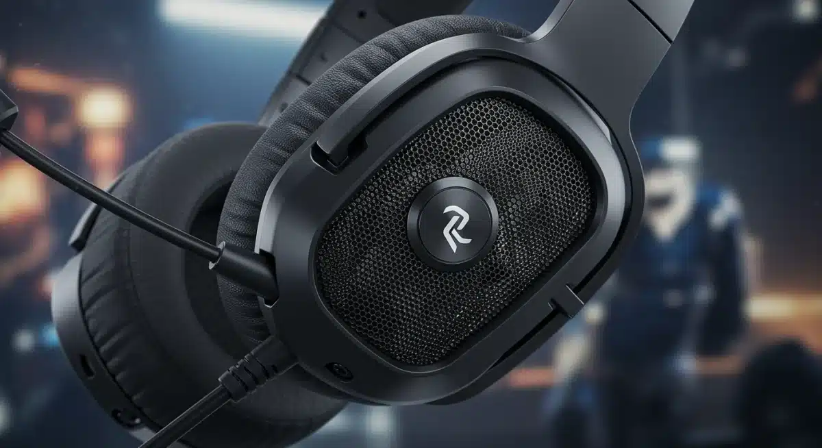 Close-up of a gaming headset earcup, showcasing advanced driver and noise-cancelling features for immersive audio.