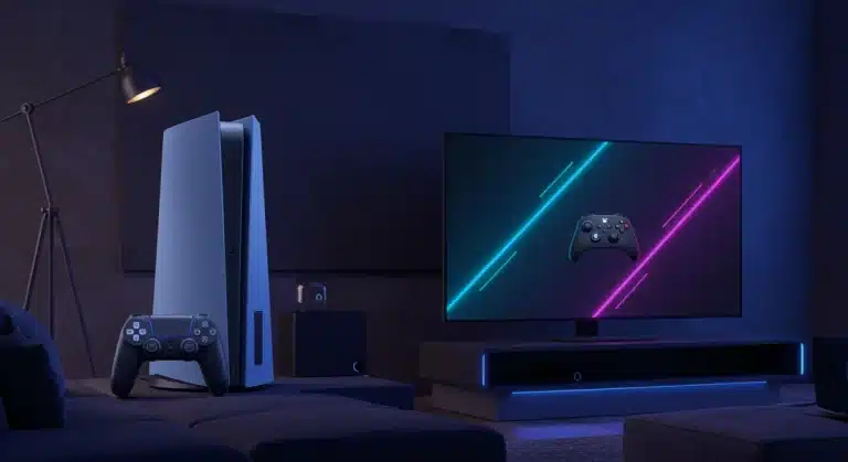 PlayStation 6 and Xbox Series Z consoles in a futuristic gaming setup