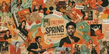 Dynamic collage of diverse artists and music genres anticipating spring 2026 album releases