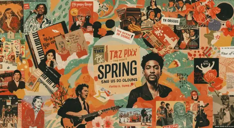 Dynamic collage of diverse artists and music genres anticipating spring 2026 album releases